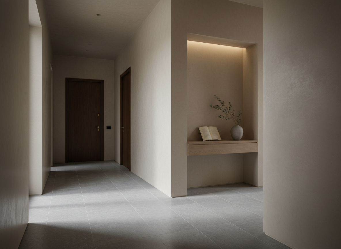 Interno residenziale con percorsi distinti e documenti successori, simbolo della rinuncia all'eredità e dell'accettazione da parte di un altro erede
